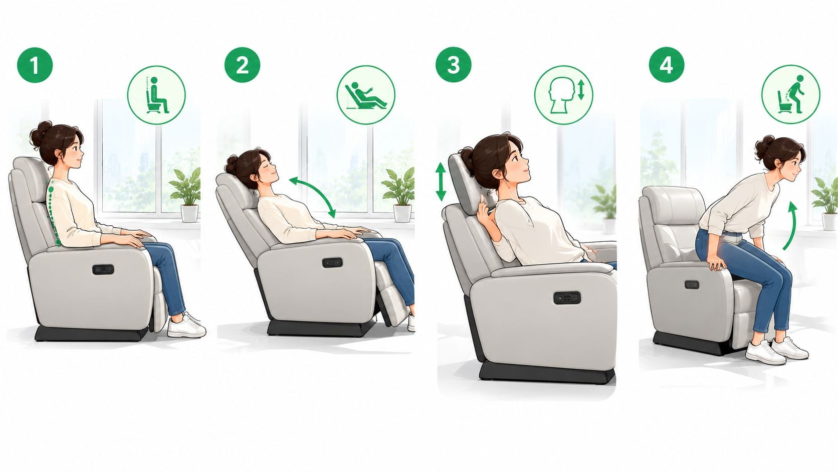 A diagram demonstrating four distinct seating and reclining positions of an adjustable motorized power lift recliner chair.