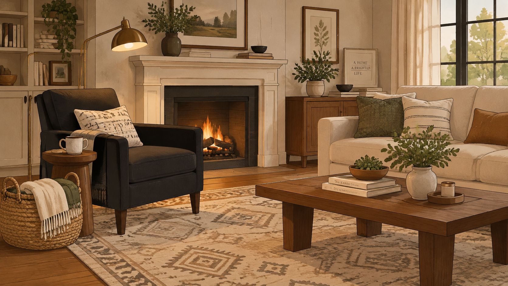 A cozy, stylish living room featuring a black accent chair, a fireplace, and a white sofa.