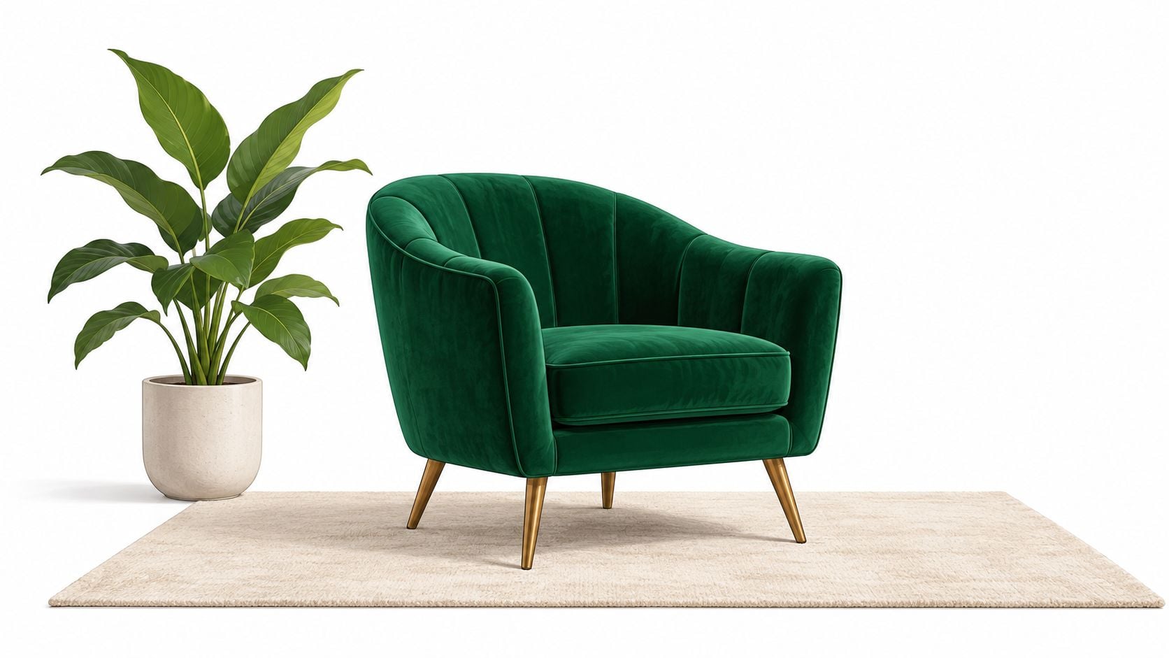 An elegant emerald green velvet accent chair with gold legs positioned next to a potted plant.