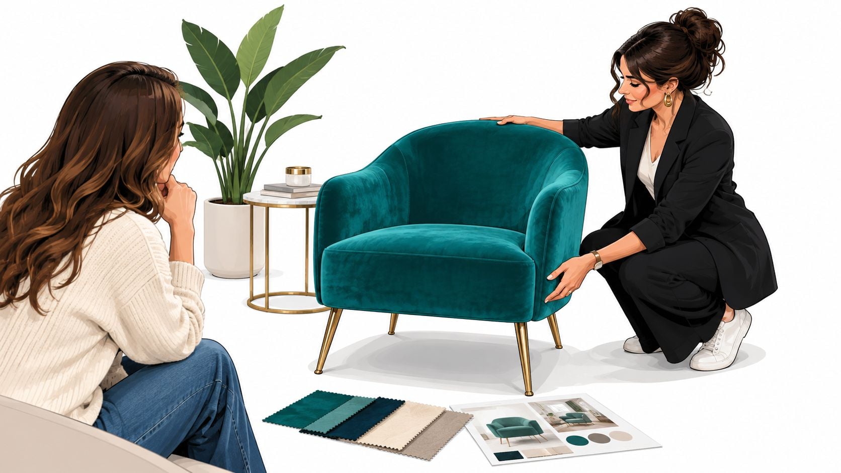 A professional interior designer shows a teal velvet accent chair to a client with fabric swatches.