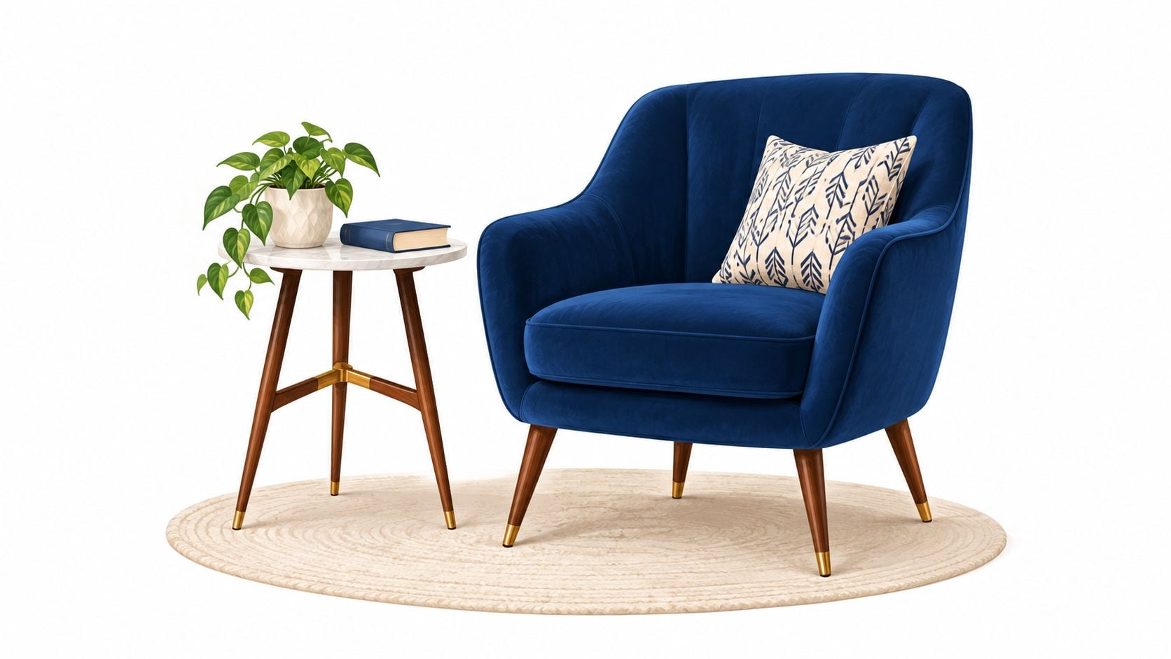A modern blue velvet accent chair sits on a round rug next to a small marble table.