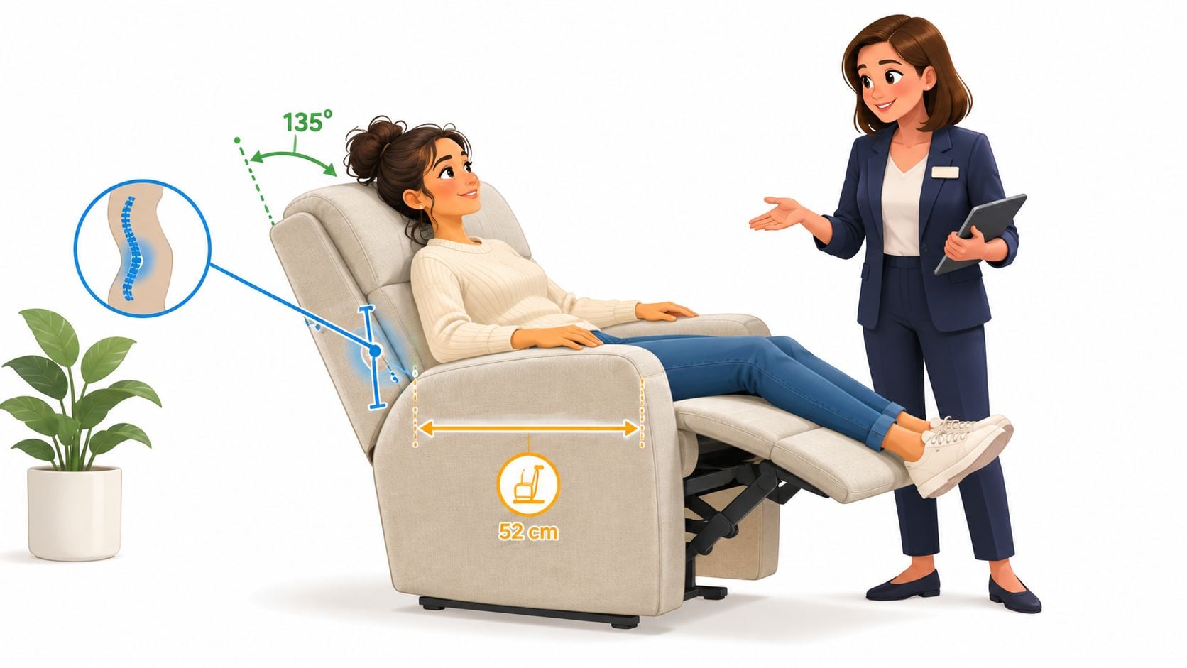 A woman sits in an ergonomic recliner while an assistant explains the chair's back support features.