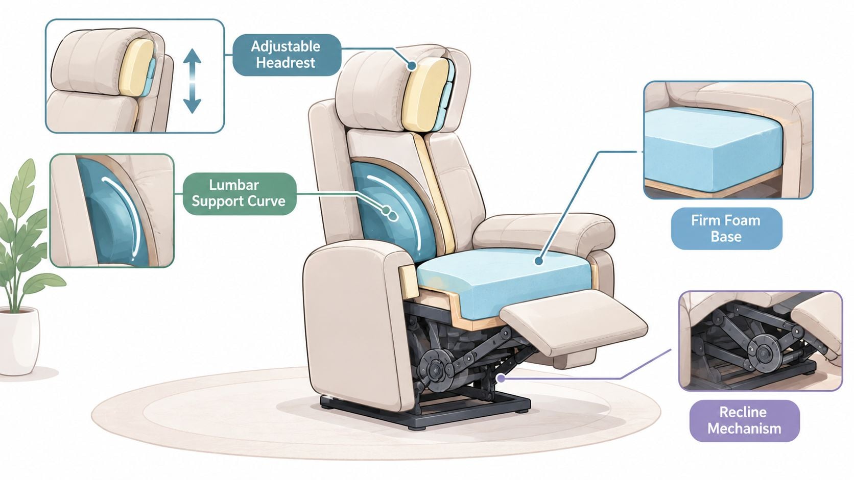 A diagram of a beige reclining chair highlighting features like adjustable headrest, lumbar support, firm foam, and recline mechanism.