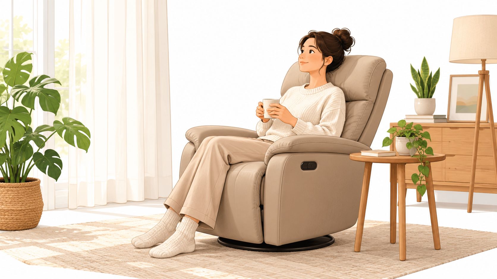 A young woman relaxing in a comfortable ergonomic recliner chair while holding a hot drink indoors.