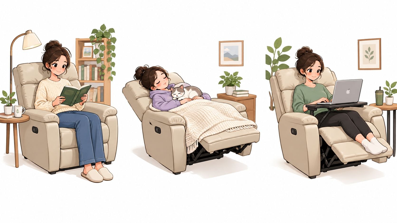 A woman using a versatile ergonomic recliner for reading, relaxing with a cat, and working on a laptop.
