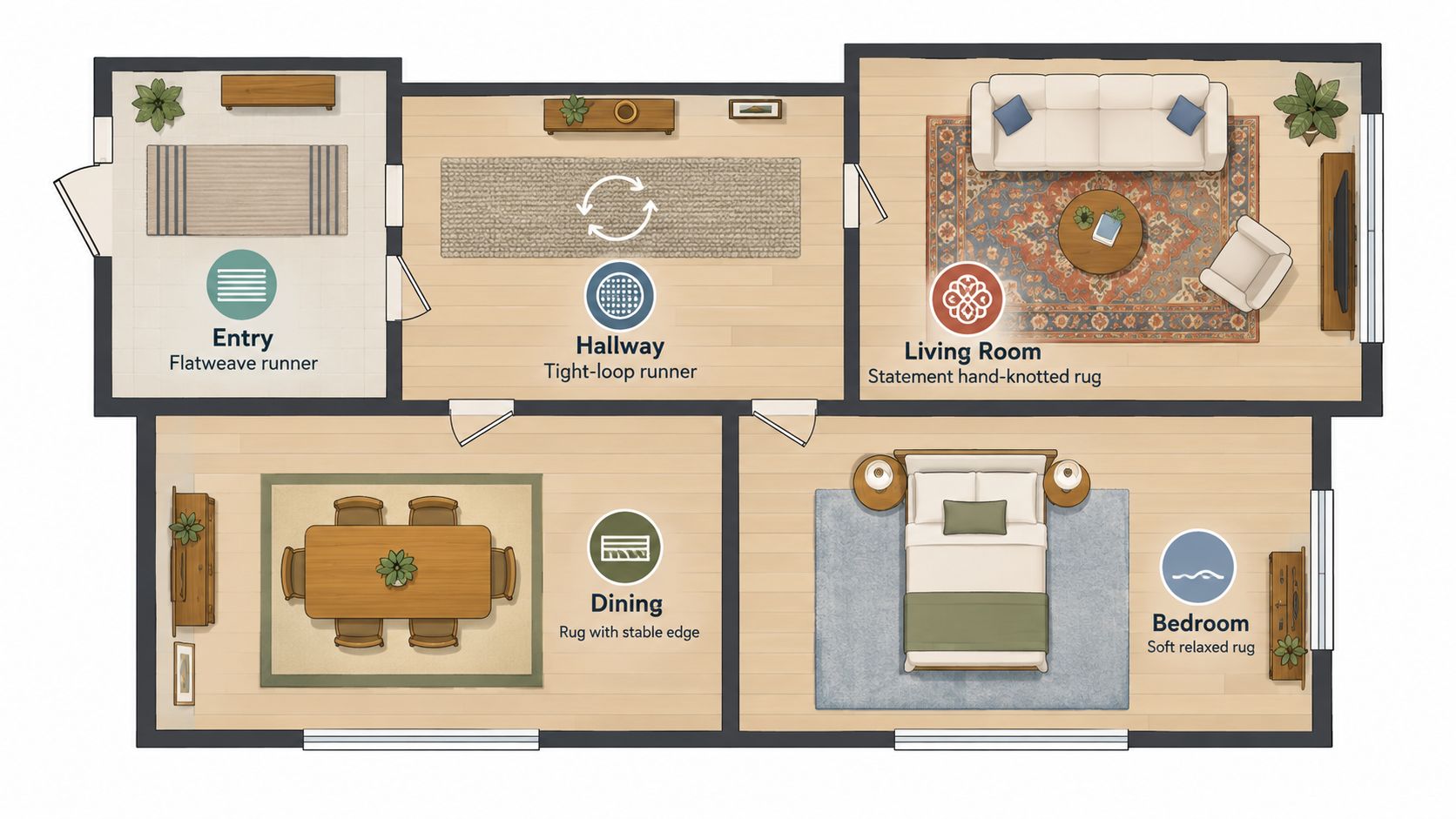 Top-down floor plan view showing various rug styles placed in different rooms of a modern residential home.