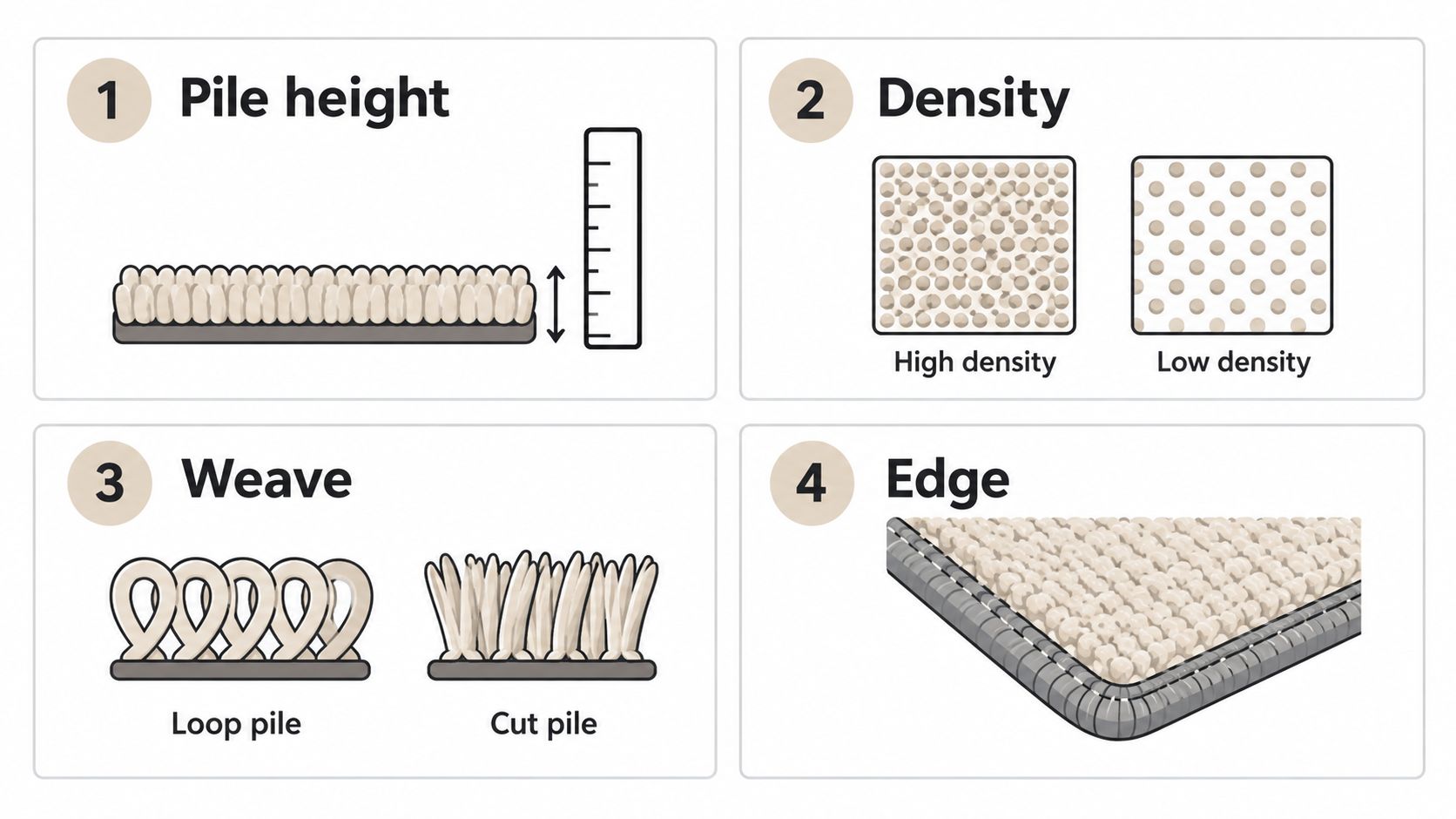 An educational infographic illustrating four key features of rug quality: pile height, density, weave, and edge finish.