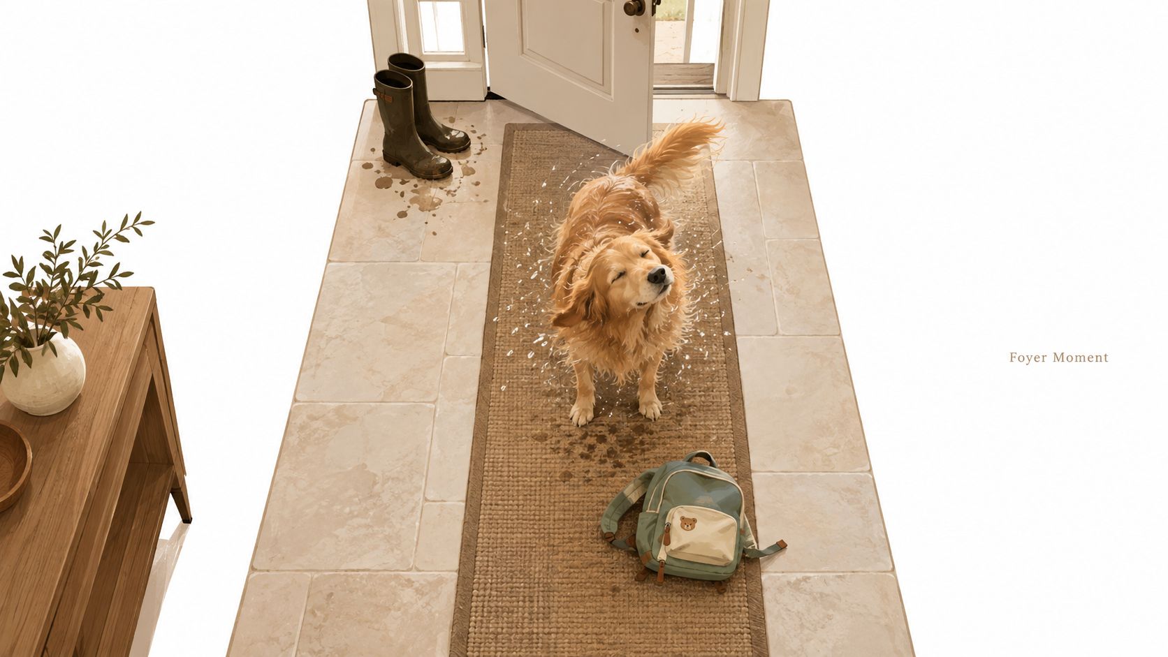 A wet golden retriever shaking off water on a durable brown rug in a bright home foyer.