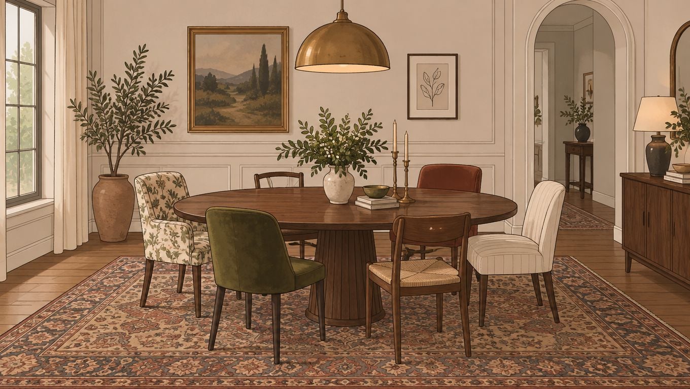 A sophisticated dining room featuring a round wooden table, mismatched chairs, and an elegant patterned rug.
