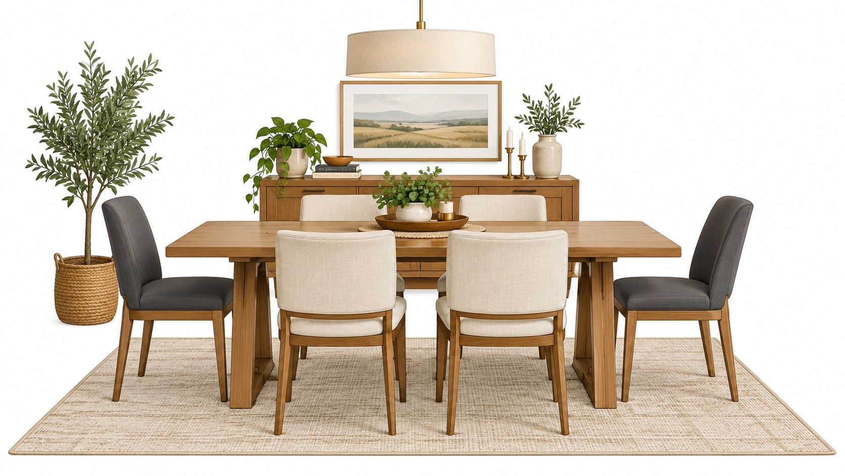 A modern dining room set featuring a wooden table, upholstered chairs, and a neutral area rug.