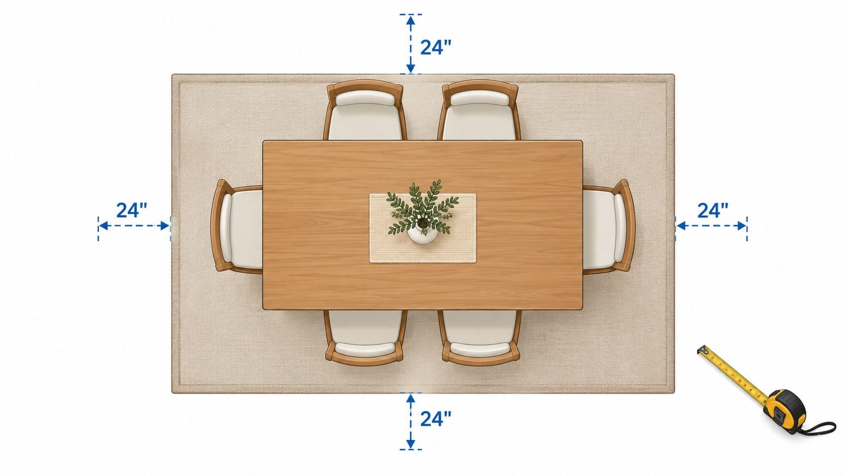 A diagram illustrating the recommended 24-inch clearance for a dining table rug, viewed from directly above.