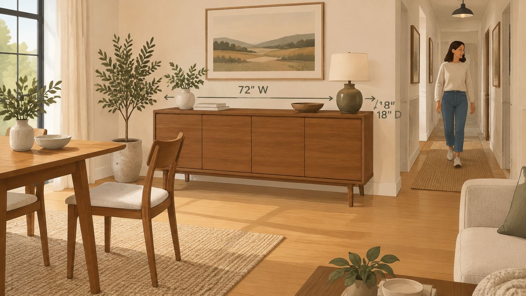 A wooden sideboard credenza positioned against a wall in a bright, modern dining room interior space.