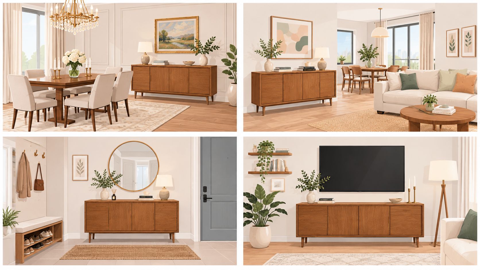 A collage showing a mid-century modern wooden credenza styled in four different living and dining room spaces.