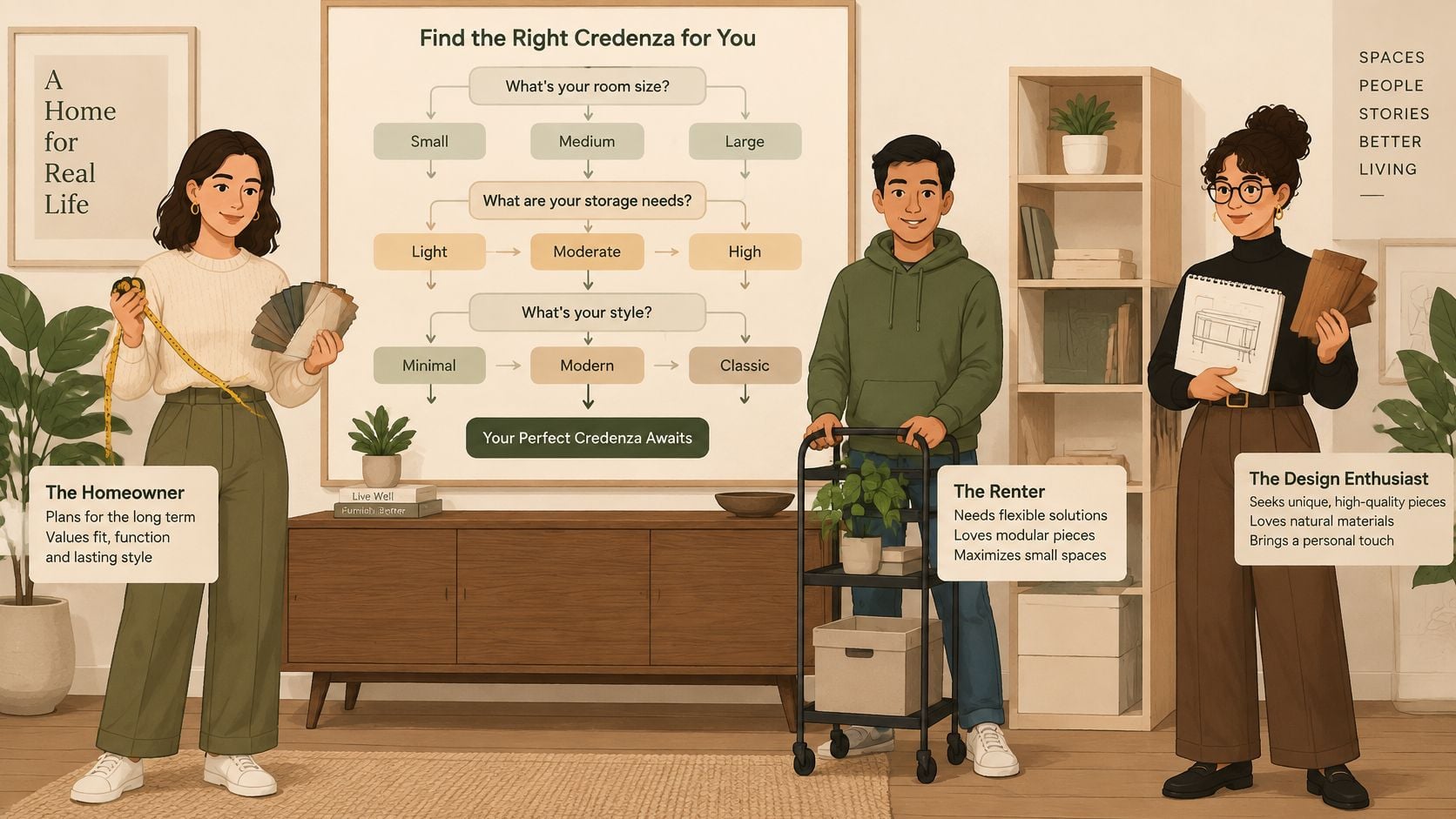 Three people illustrated next to a flowchart guide on how to choose the right style credenza.