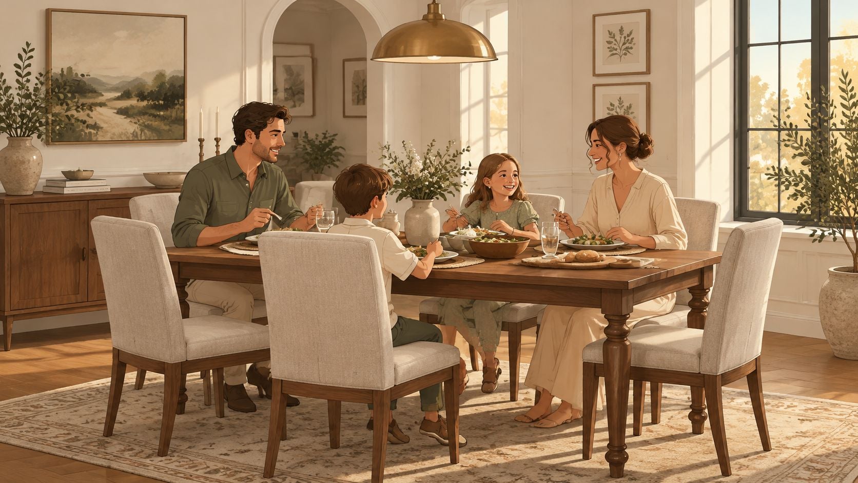 A happy family of four enjoying a nutritious meal together in a bright, modern wooden dining room.