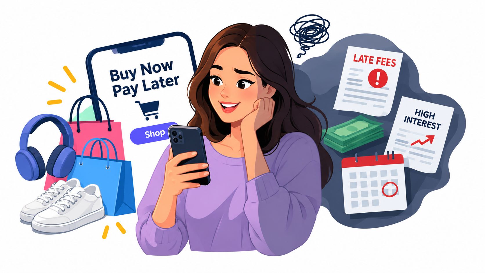 A young woman uses a smartphone to shop online, unaware of potential debt risks like interest and fees.
