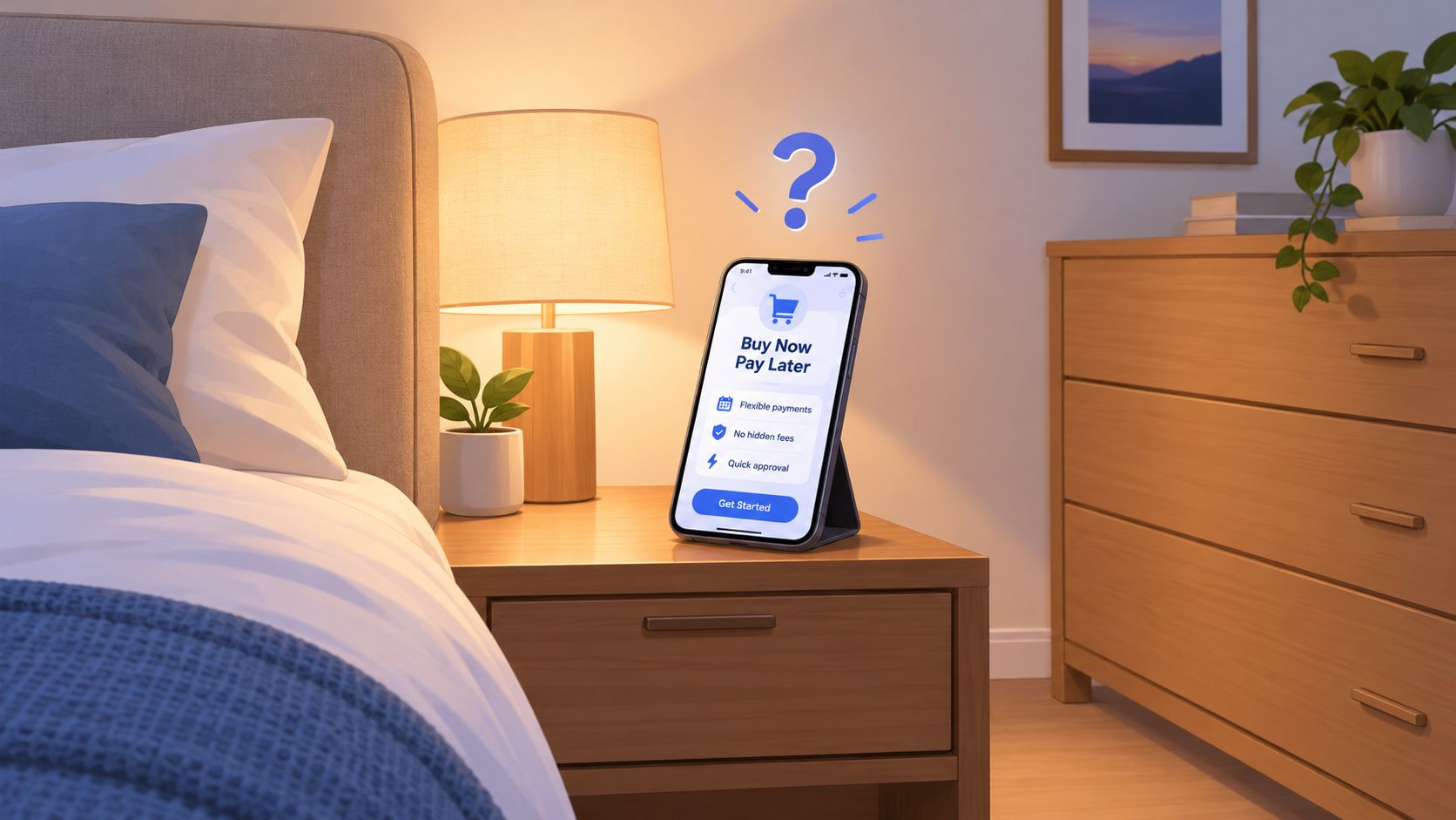 A smartphone on a nightstand displaying a Buy Now Pay Later app interface for furniture financing.