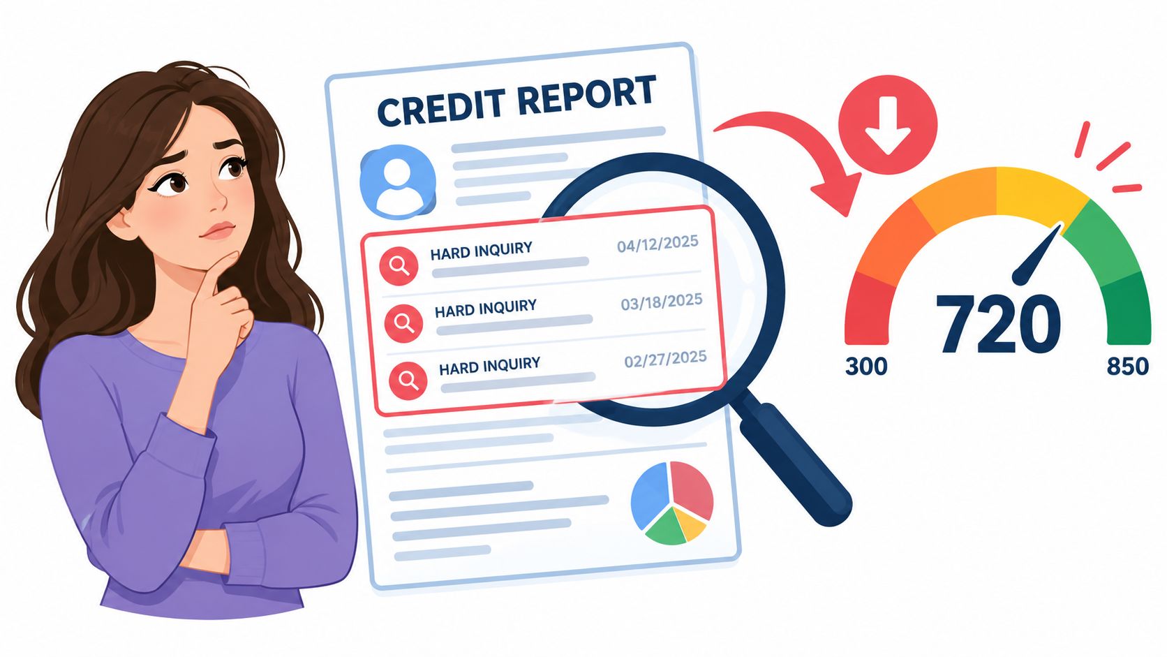 A woman thinking about her credit score and report which shows multiple hard inquiries causing a drop.