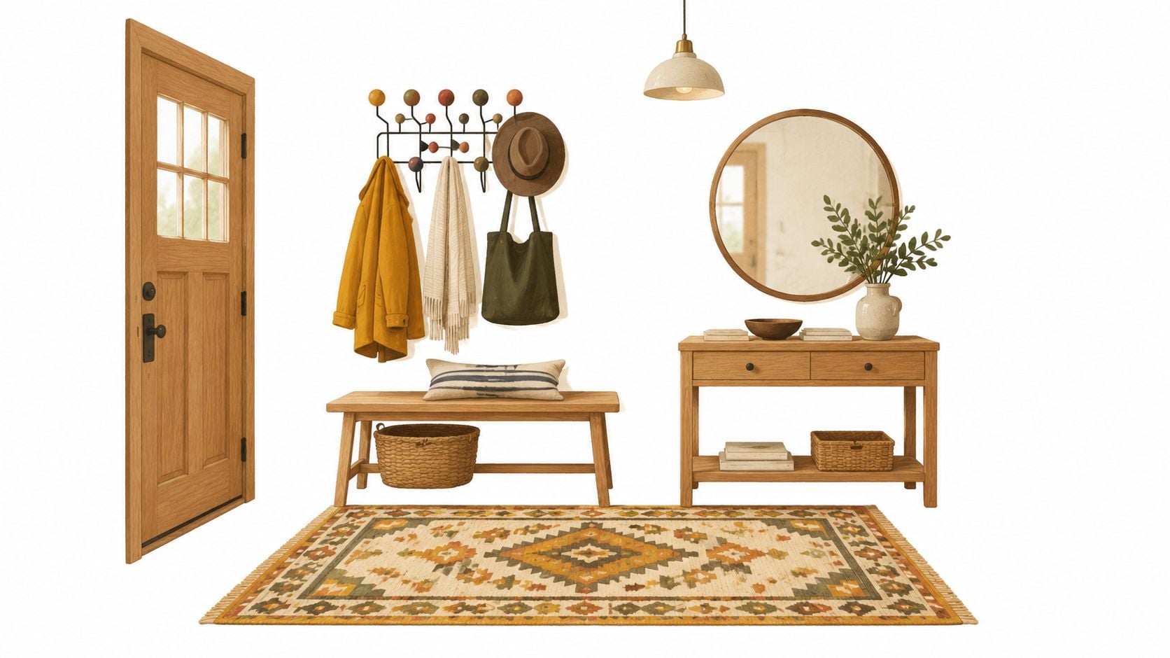 A cozy entryway featuring a wooden bench, Eames Hang It All coat rack, console table, and rug.