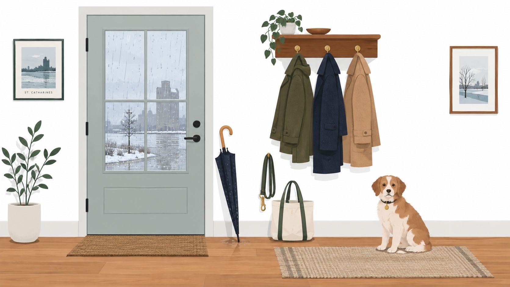 A cozy, minimalist entryway with a dog sitting on a rug, coats hanging, and a snowy view.