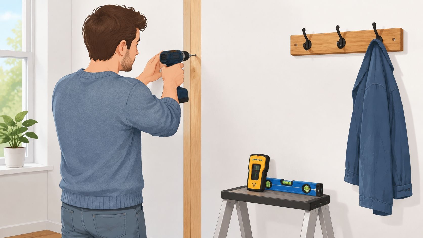 A man uses a power drill to install a wooden strip on a white wall at home.