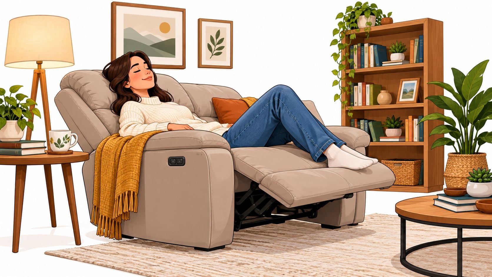 A woman relaxing on a comfortable ergonomic sofa couch while reading in a cozy living room setting.
