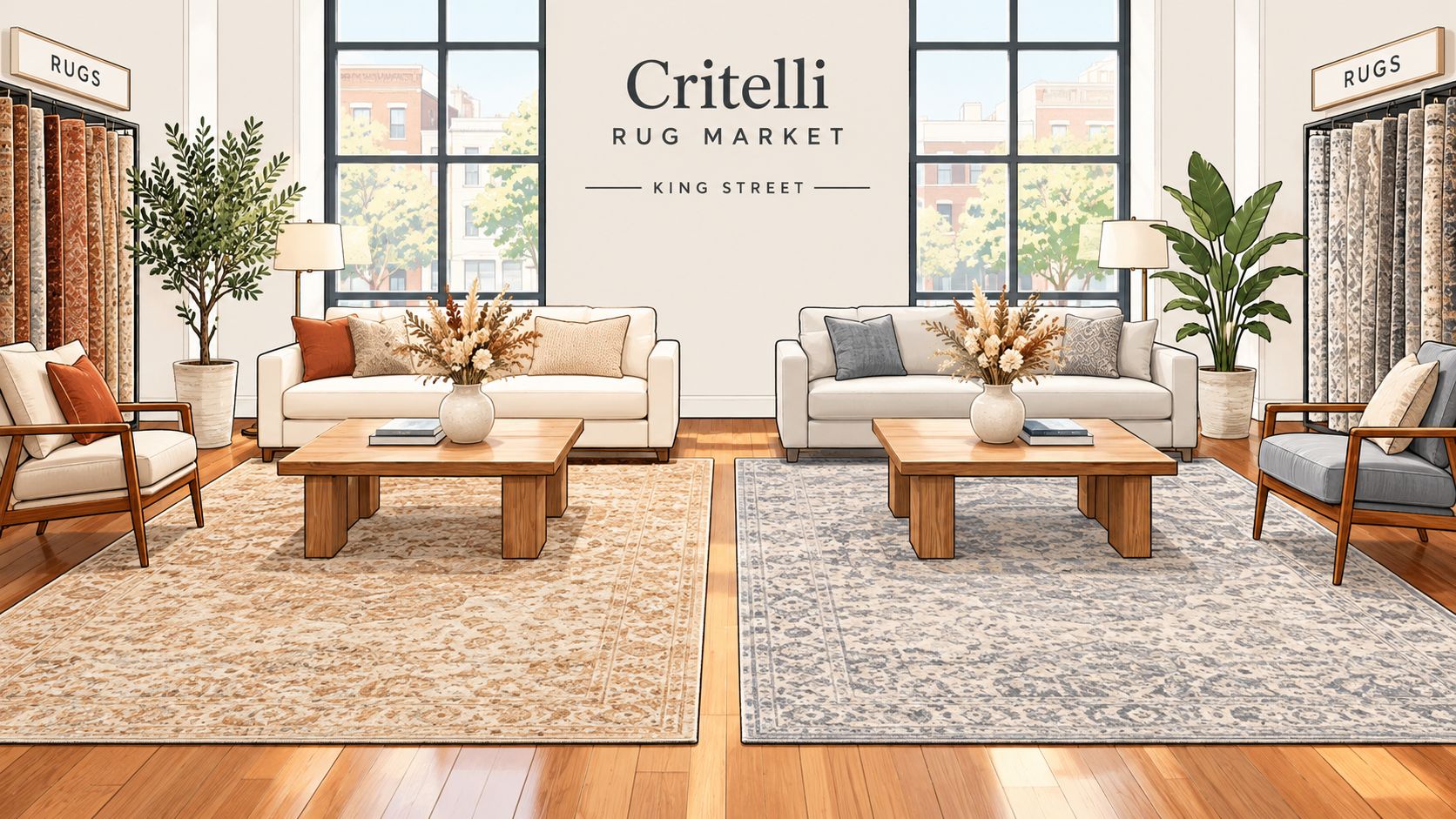 A sophisticated showroom interior featuring two elegant seating areas with matching area rugs and neutral furniture.