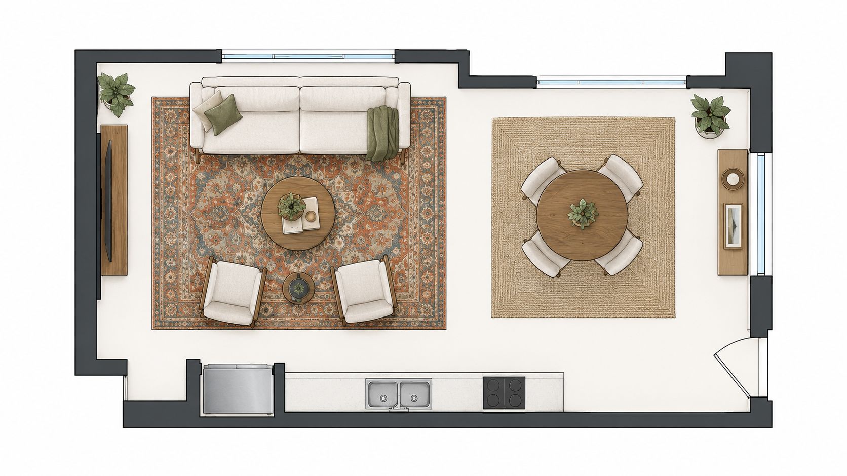 An overhead floor plan showing an open concept living area featuring hand knotted Turkish rugs.