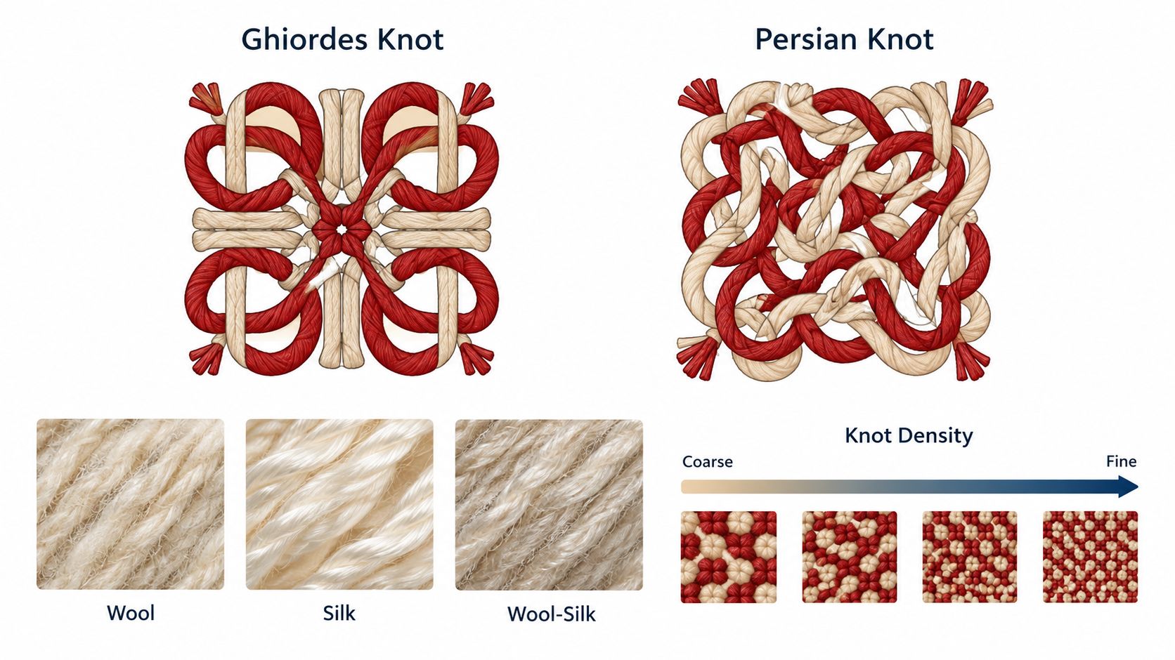 A diagram comparing Ghiordes and Persian knots with examples of rug material textures and knot density.