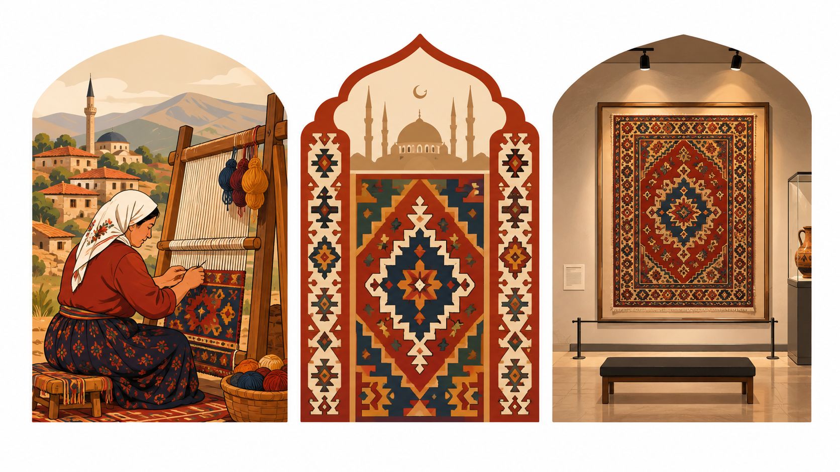 Three panels illustrating the creation, traditional design, and museum display of hand knotted Turkish rugs.