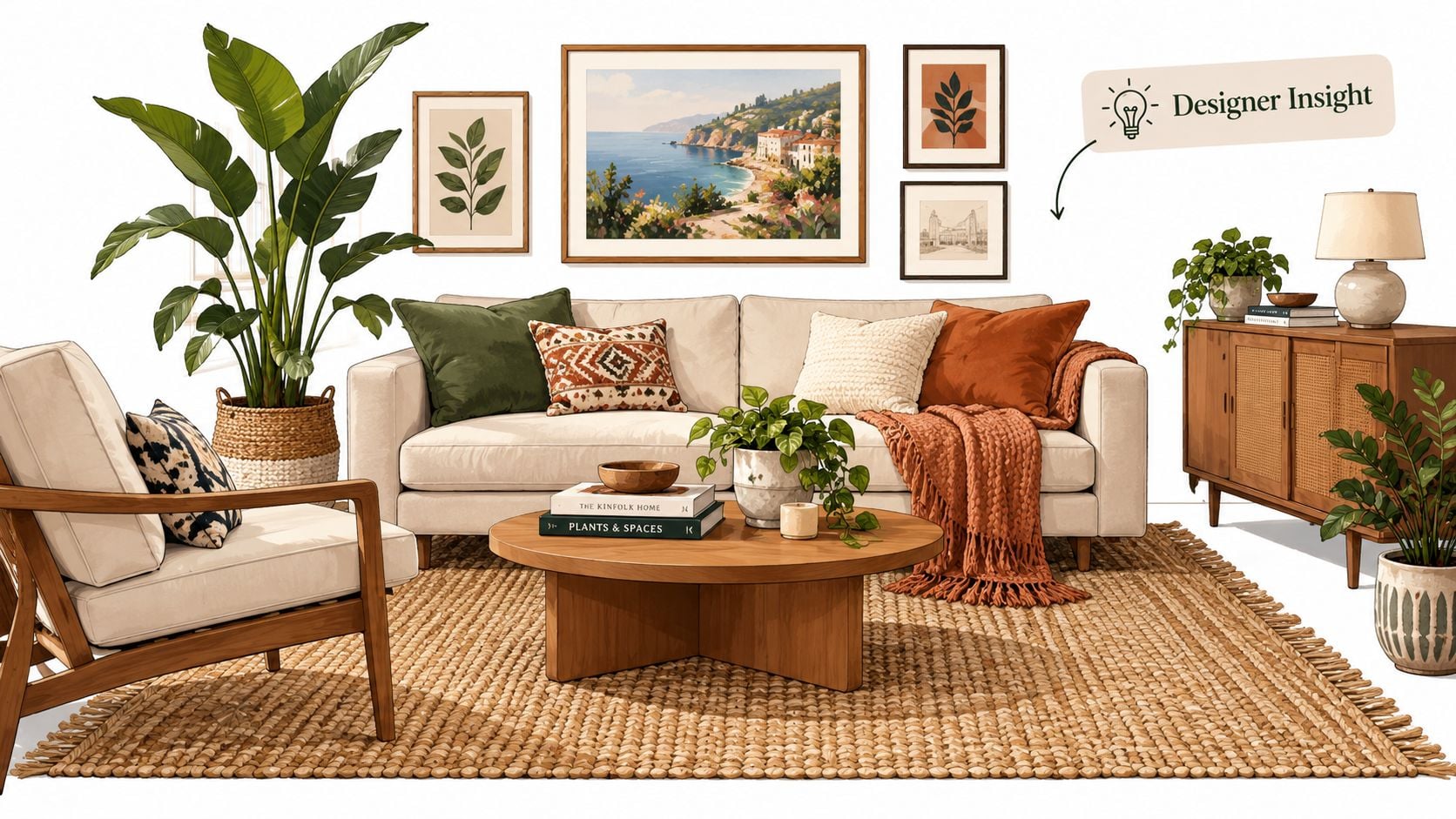 A cozy living room featuring a cream sofa, hand-woven jute rug, plants, and warm bohemian decor.