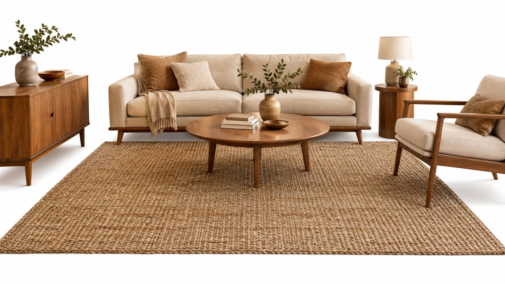 A modern living room featuring a beige sofa, wooden coffee table, armchair, and natural hand woven area rug.