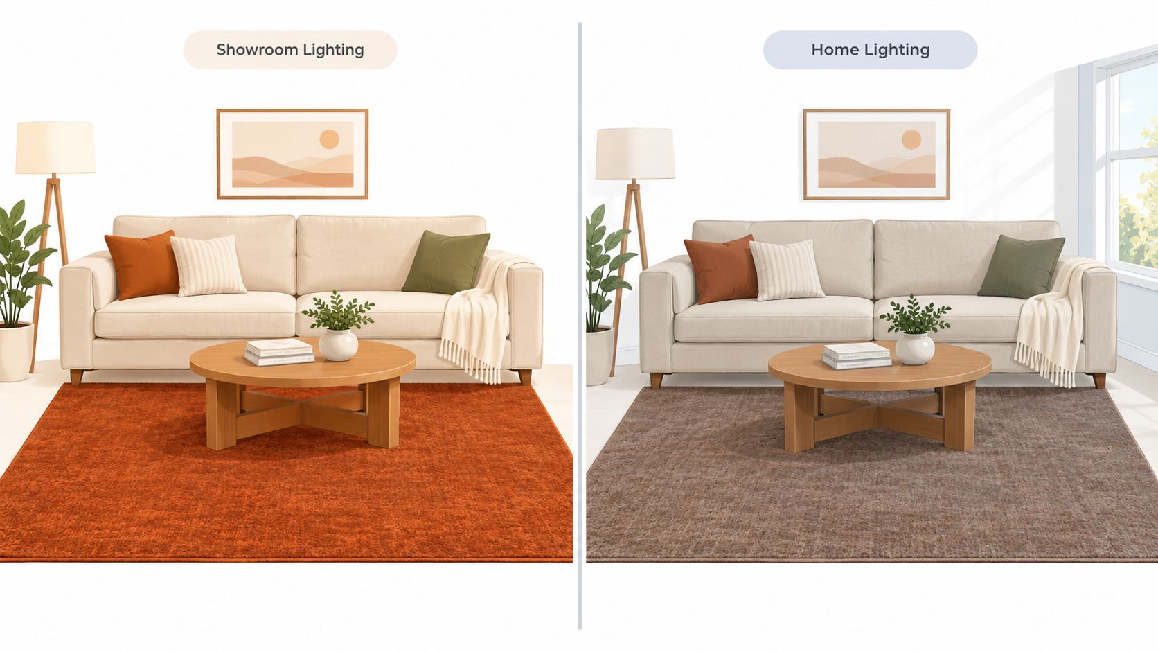 A split view comparing the same living room with a vibrant orange rug and a neutral brown rug.