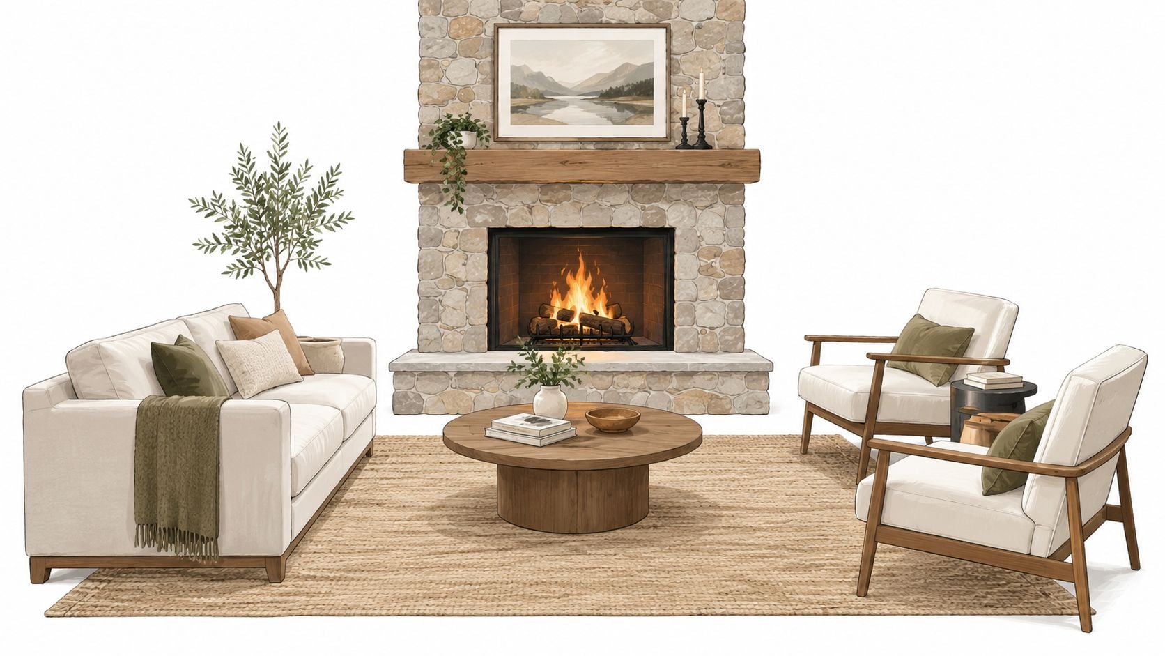 A cozy living room featuring a stone fireplace, cream sofa, and wooden armchairs on a woven rug.
