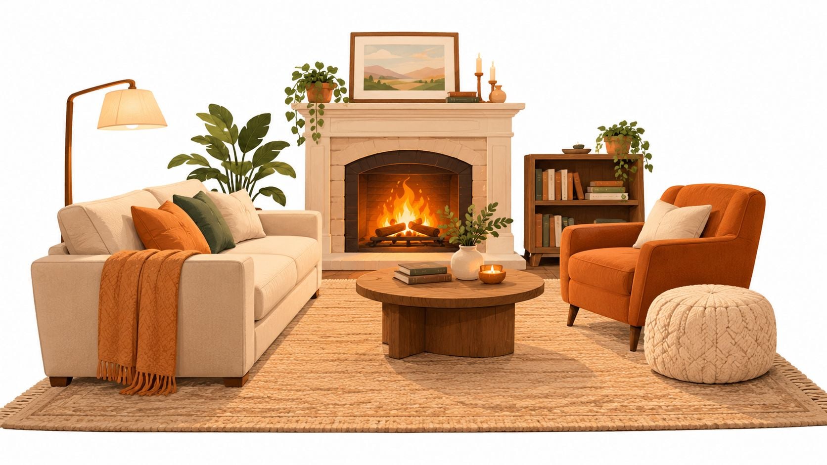 A cozy living room featuring a fireplace, a white sofa, an orange armchair, and a wooden coffee table.