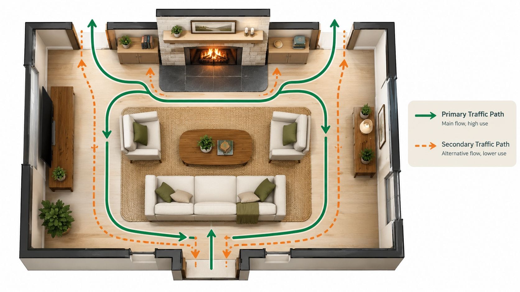 An overhead view of a living room floor plan showing traffic flow paths around central furniture layout.