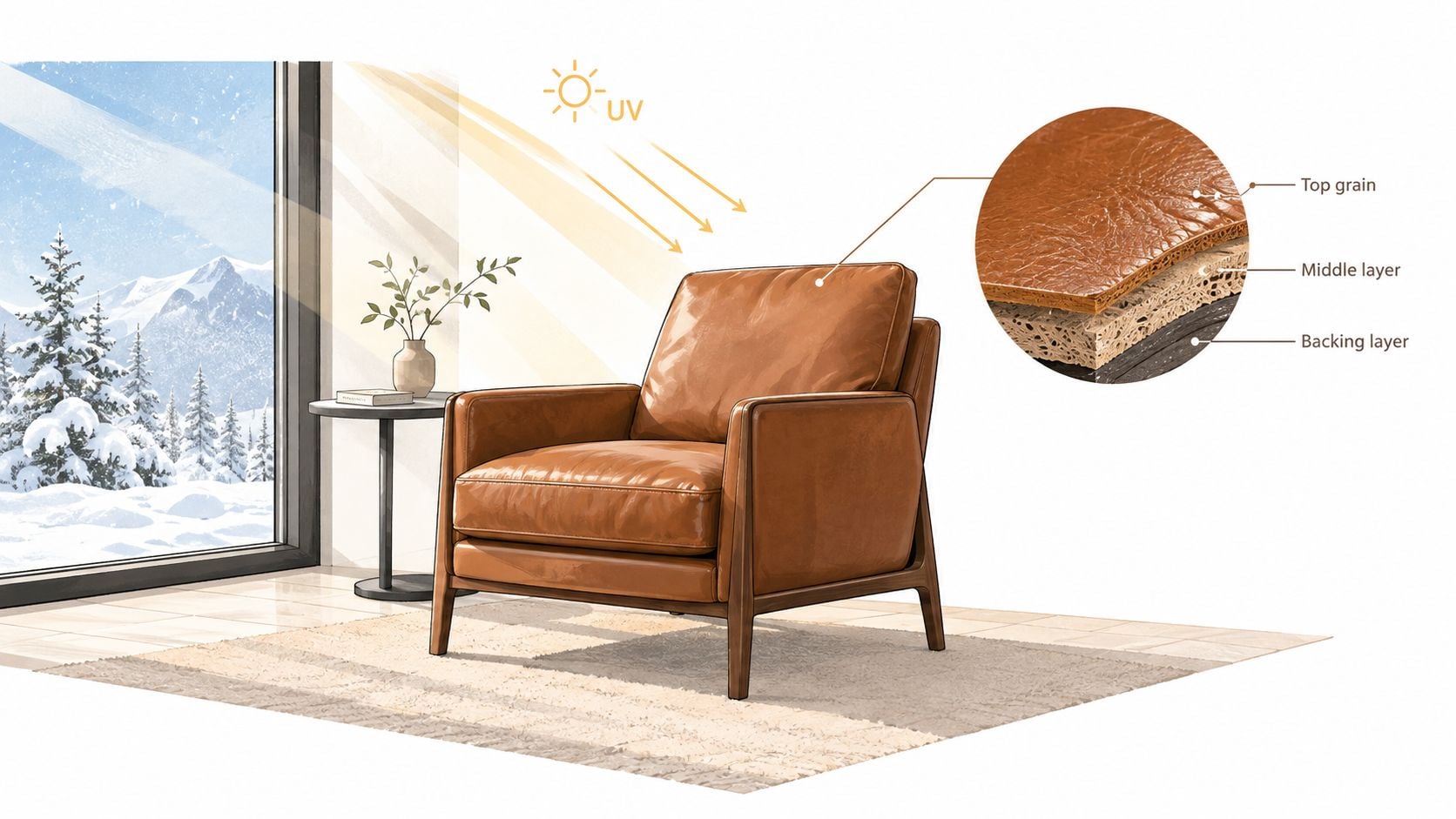 A leather armchair placed in a sunny room with a cutaway showing its three-layered material construction.