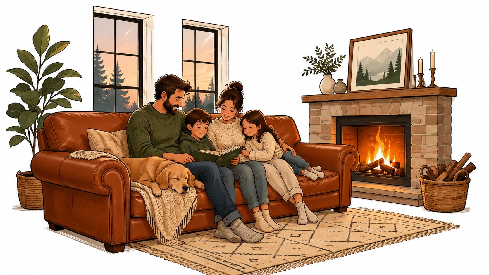 A happy family of four reading a book together on a comfortable brown leather sofa by the fireplace.