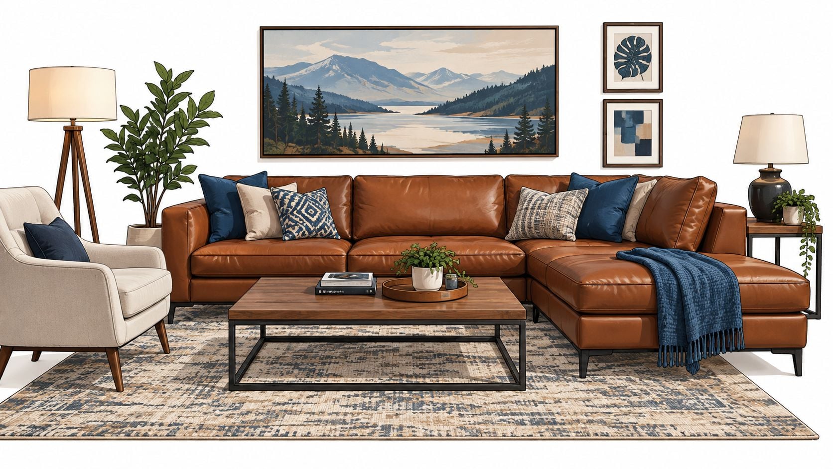 A modern living room featuring a brown leather sectional sofa, a beige armchair, and abstract wall art.