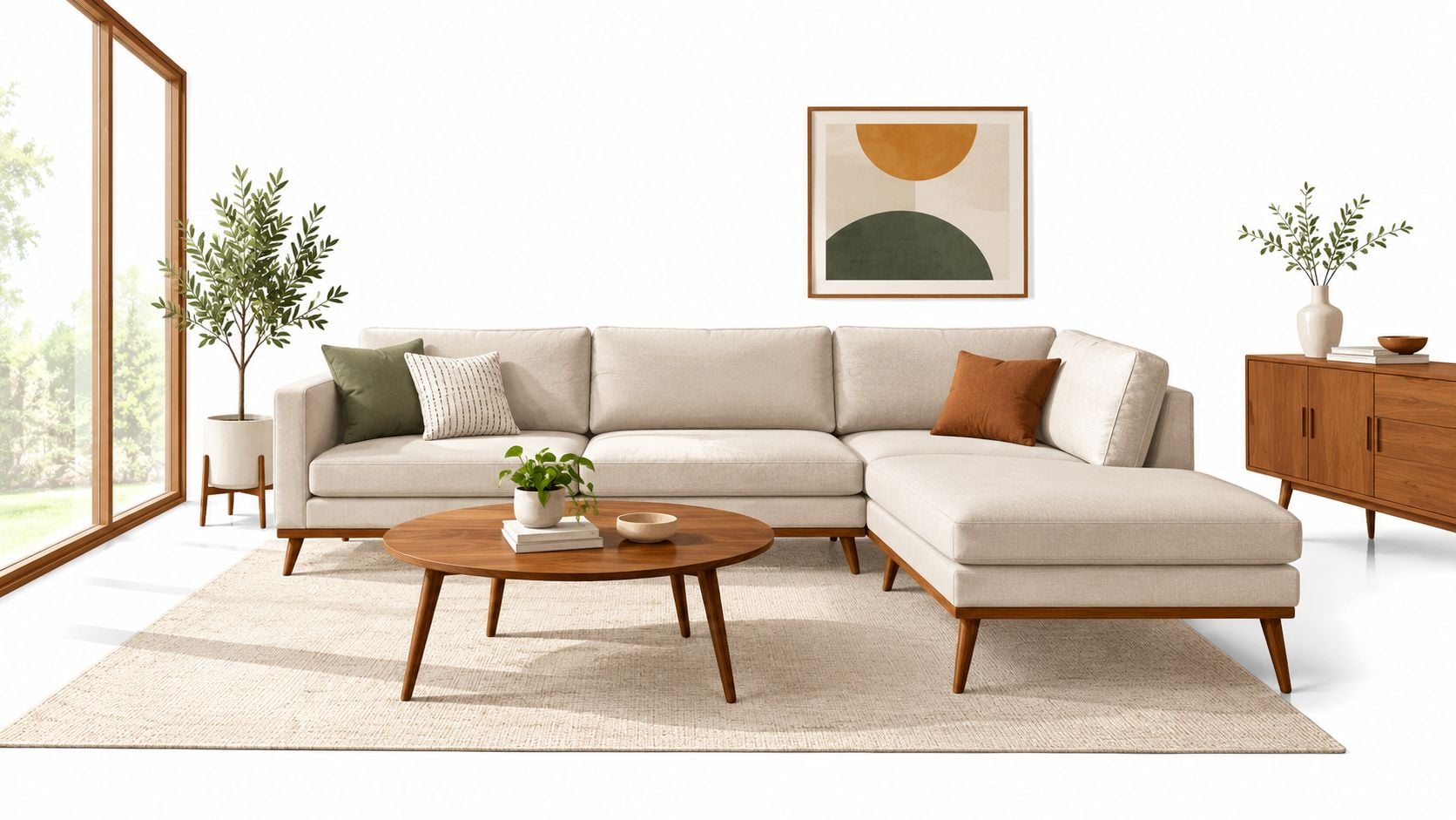 A modern mid-century sectional sofa with beige cushions and a wooden base in a minimalist living room.