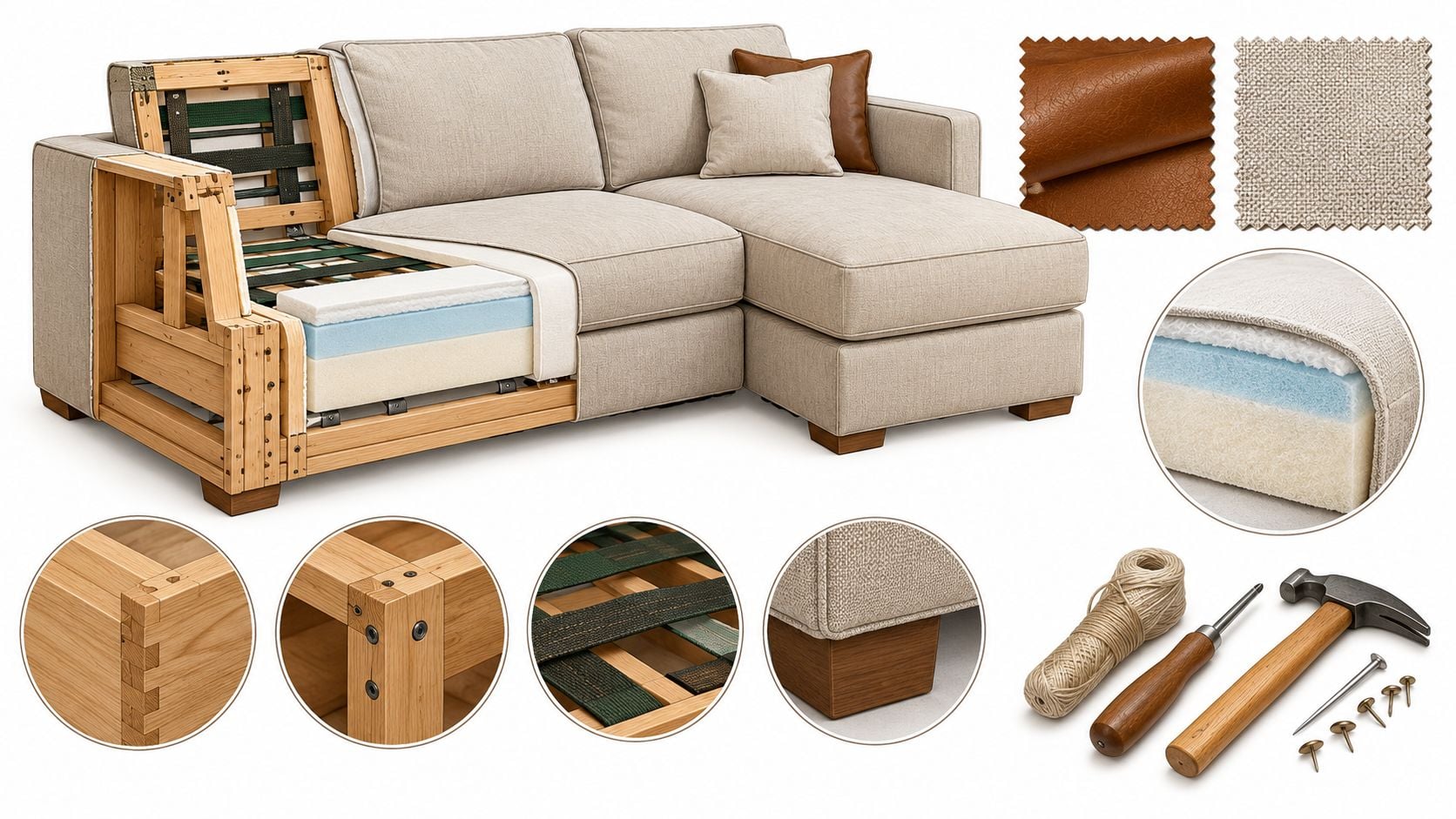 A detailed cross-section view showing the internal wooden structure, foam cushioning, and fabric of a sectional sofa.