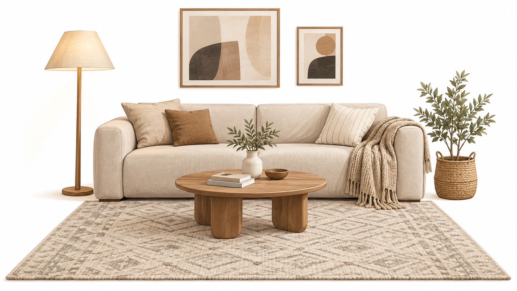 A modern living room setup featuring a neutral couch, a round wooden coffee table, and patterned rugs.