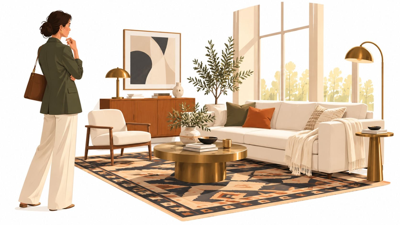 A woman stands in a modern, elegant living room featuring a patterned area rug and stylish furniture.