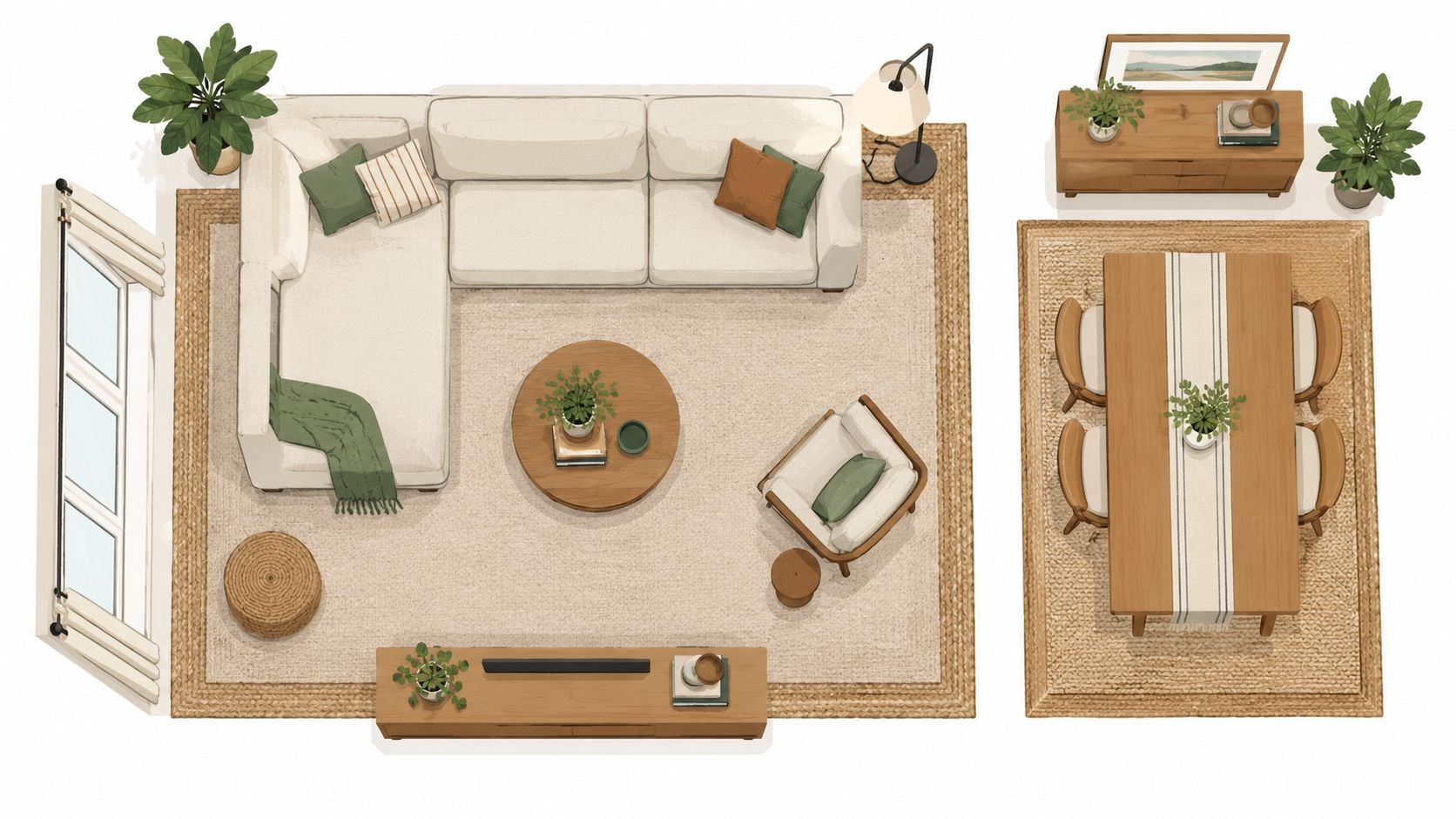 An overhead interior design plan featuring a living room area with a sectional sofa and a dining room.