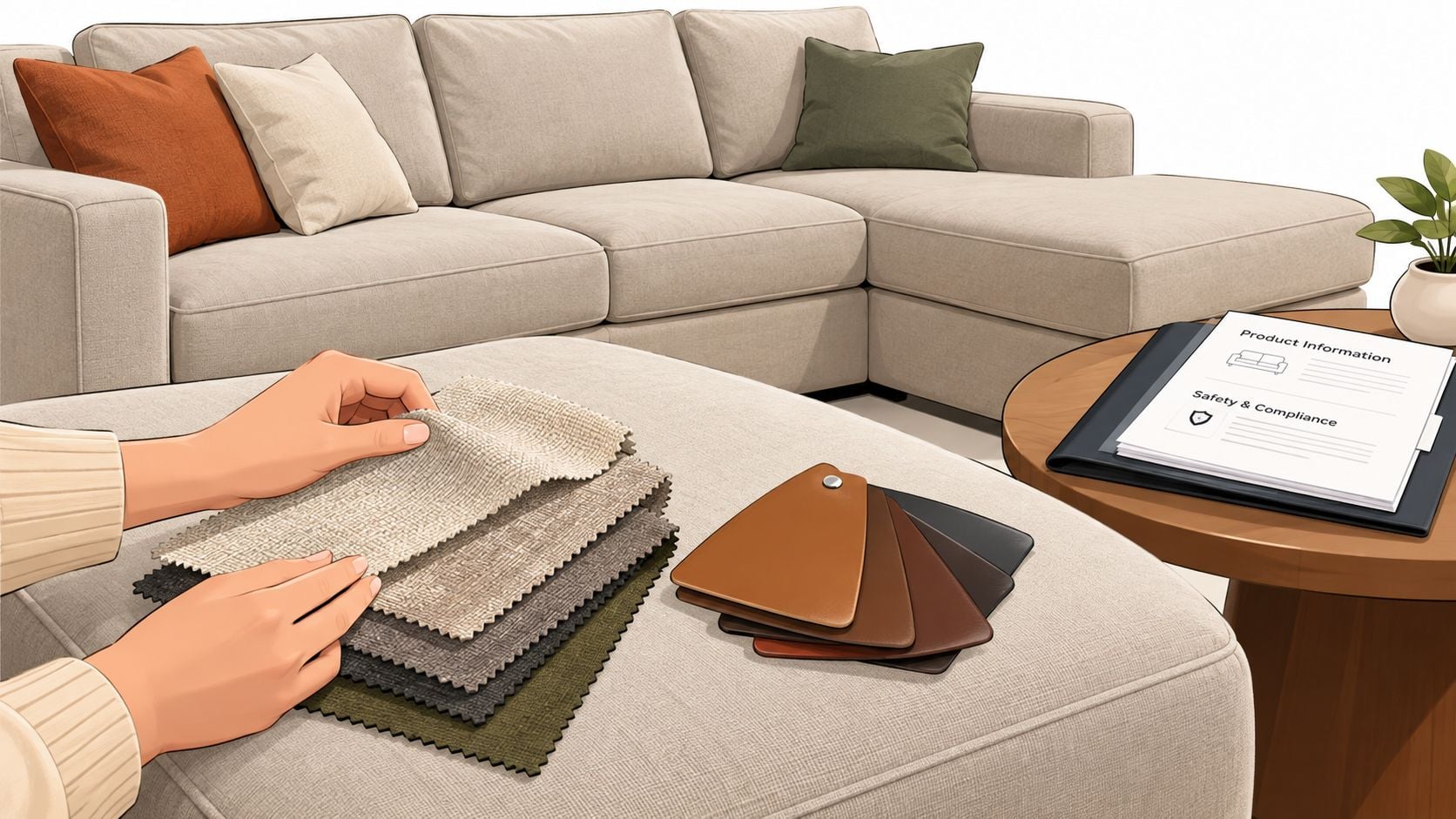 A person selecting fabric samples on an ottoman in front of a modern sectional sofa in living room.
