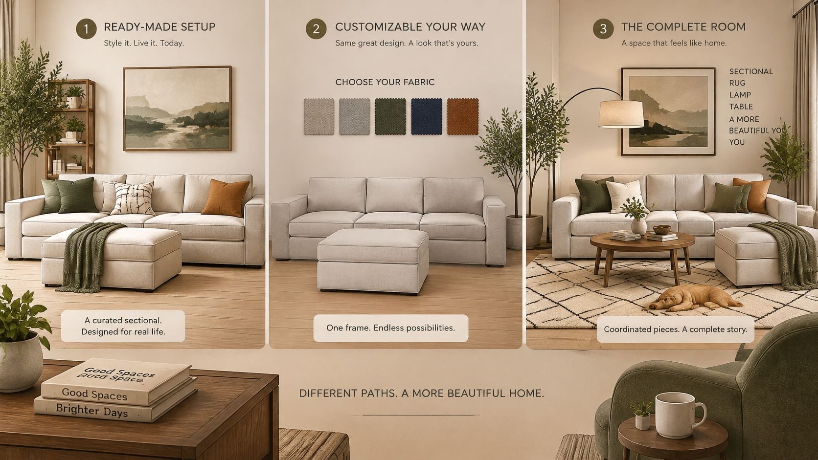 A marketing graphic showing three steps to furniture design featuring a sectional sofa with ottoman and accessories.