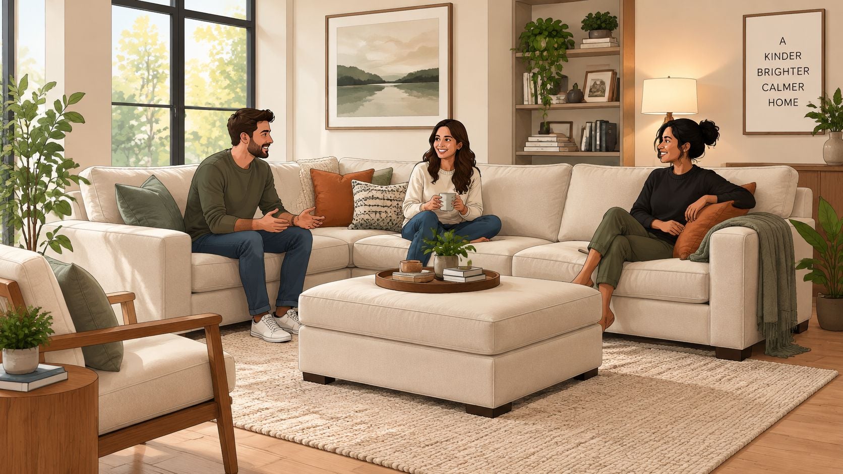 Three friends laughing and chatting while relaxing on a comfortable light beige sectional sofa with ottoman.
