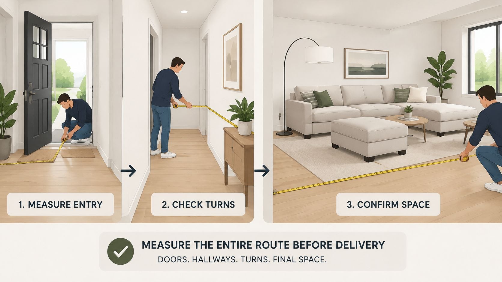 A person measuring an entry, hallway, and living room space to ensure furniture delivery clearance.