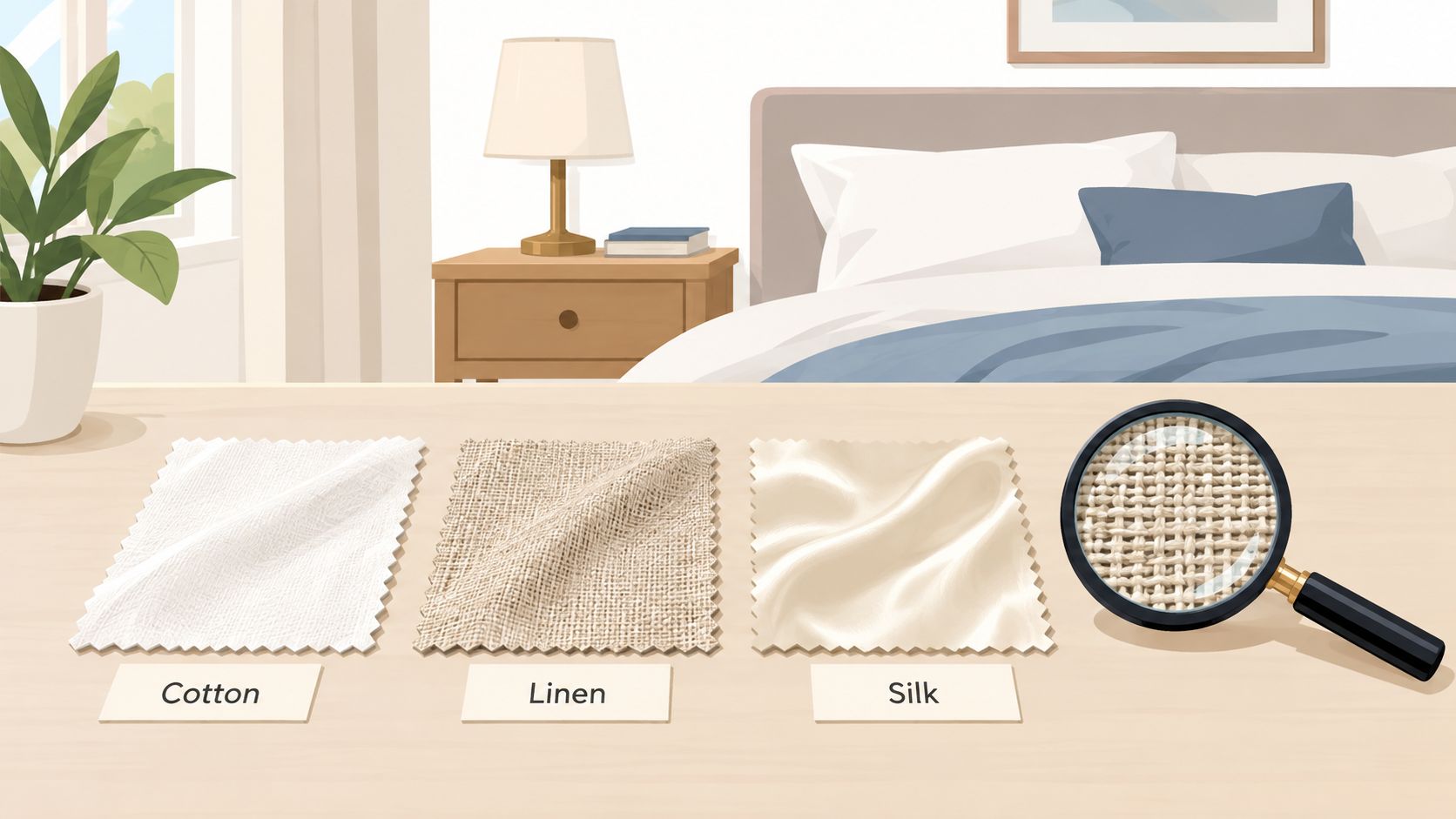 Fabric swatches showing cotton, linen, and silk materials with a magnifying glass examining the woven texture.