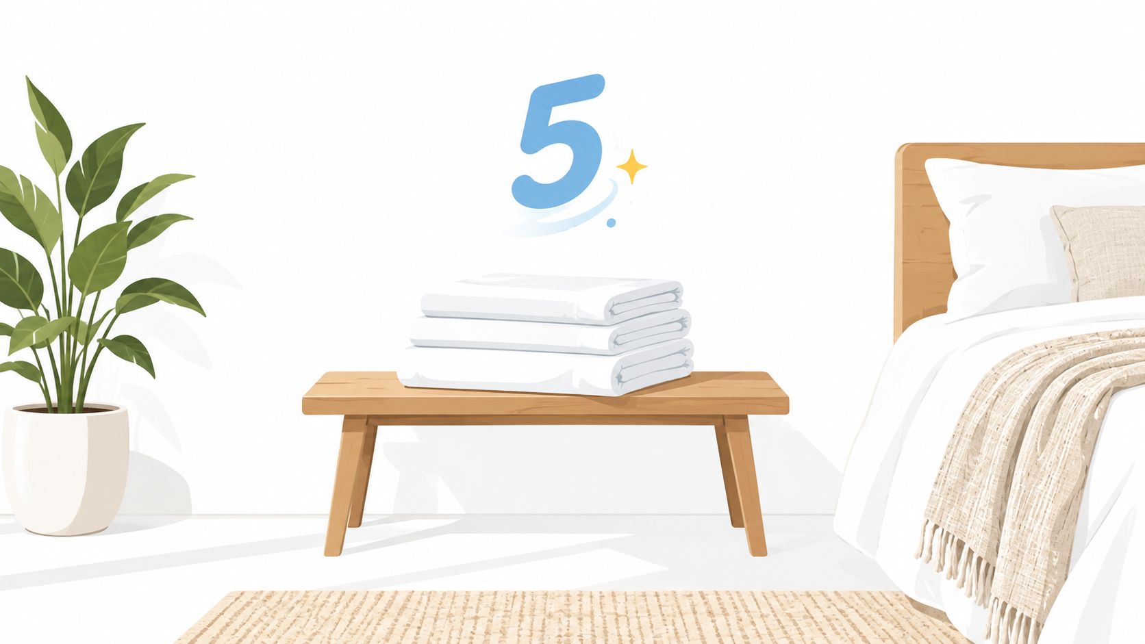 A stack of folded white bed sheets sitting on a wooden bench in a minimalist bedroom.